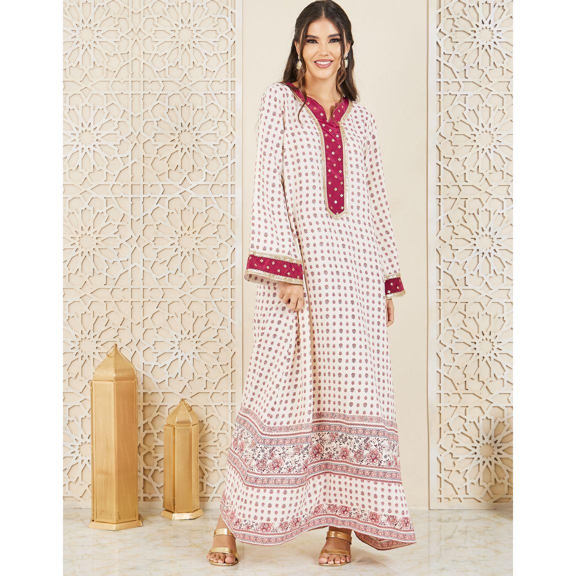 Styli Embroidered Lace Trim All Over Print Jalabiya-women-arabicclothing-jalabiyas-image-1