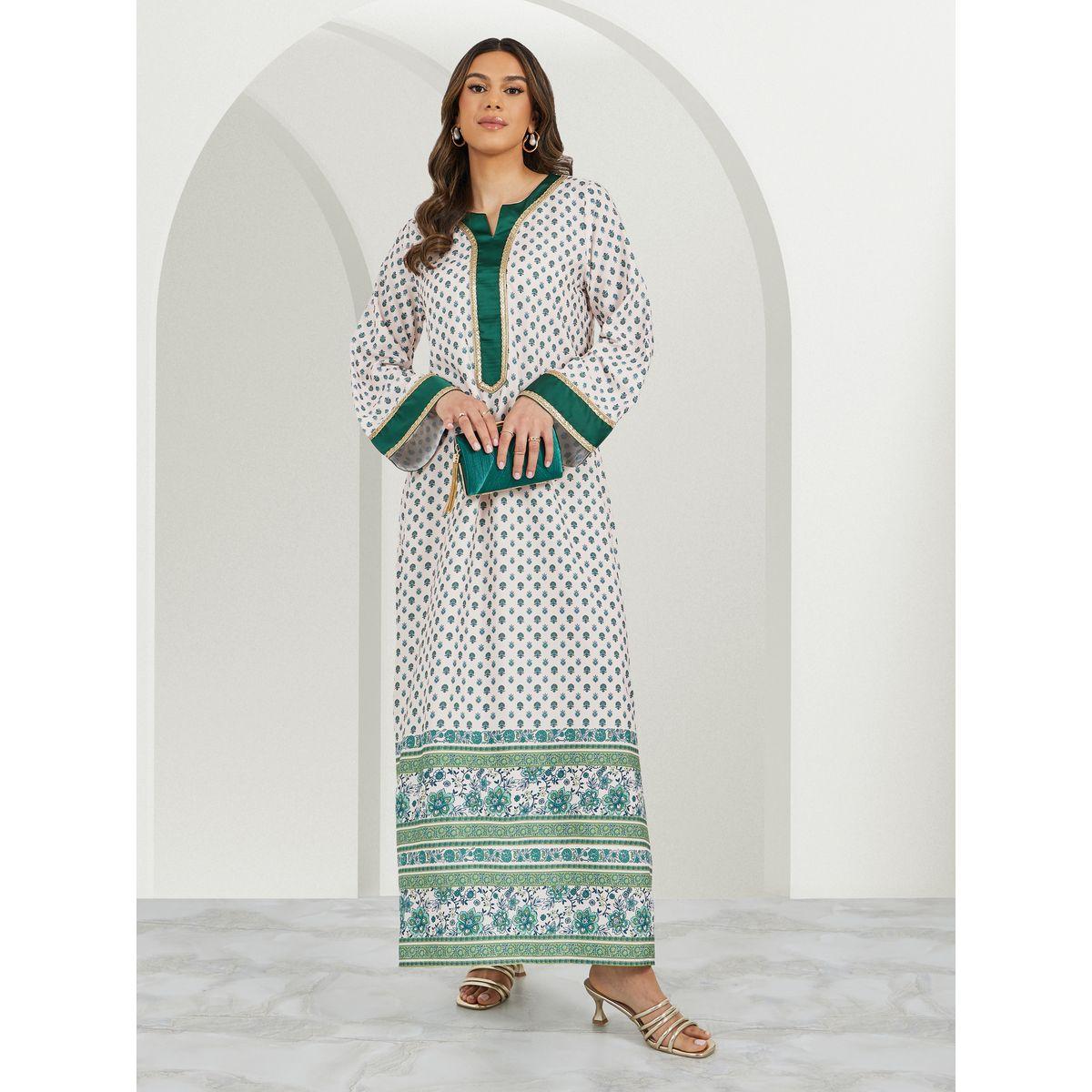 Styli All-Over Print Notch Neck Jalabiya with Lace Trim Detail-women-arabicclothing-jalabiyas-image-1
