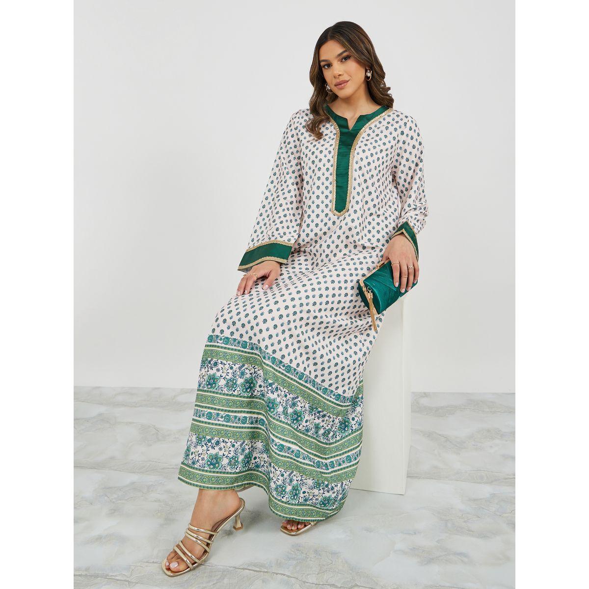 Styli All-Over Print Notch Neck Jalabiya with Lace Trim Detail-women-arabicclothing-jalabiyas-image-2