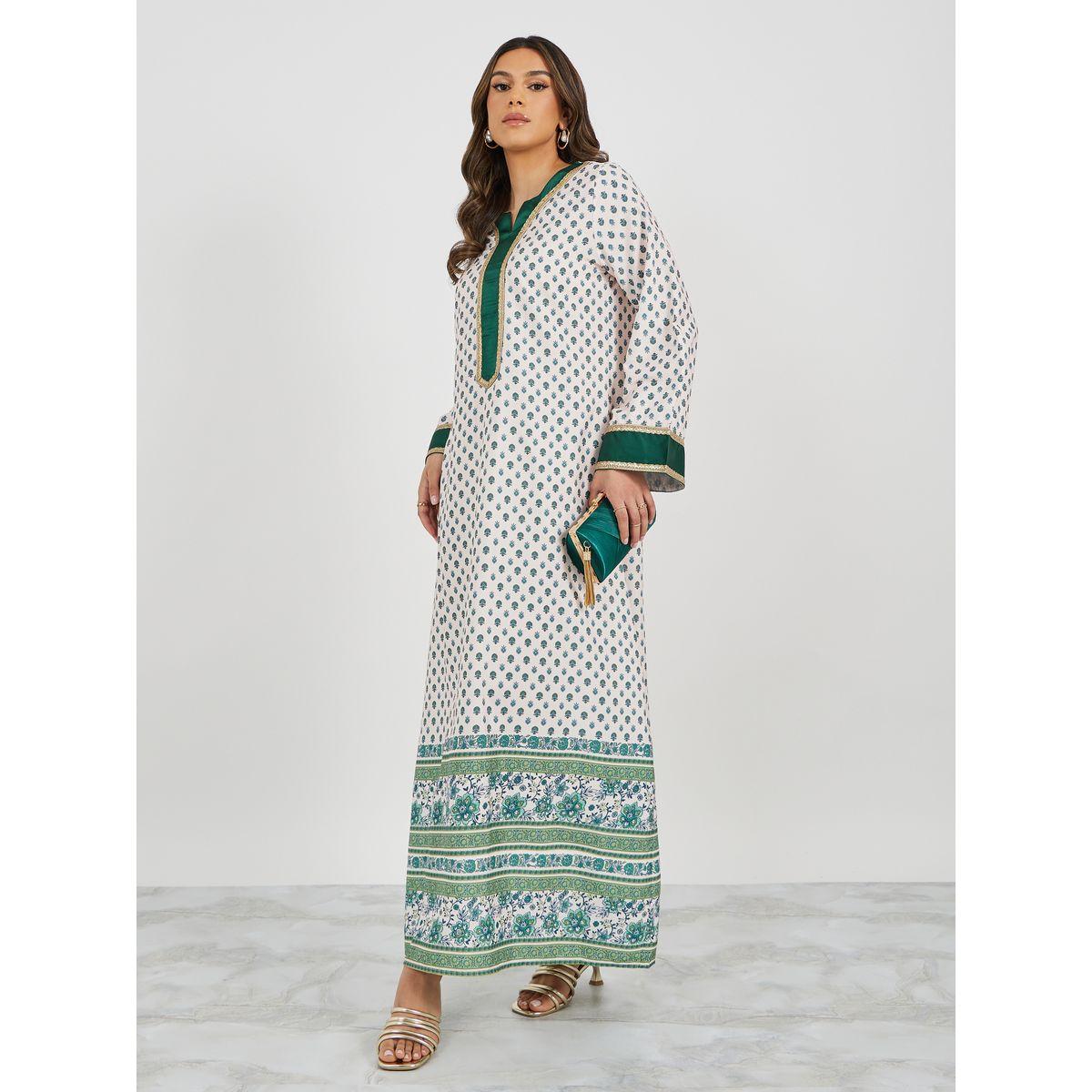 Styli All-Over Print Notch Neck Jalabiya with Lace Trim Detail-women-arabicclothing-jalabiyas-image-3