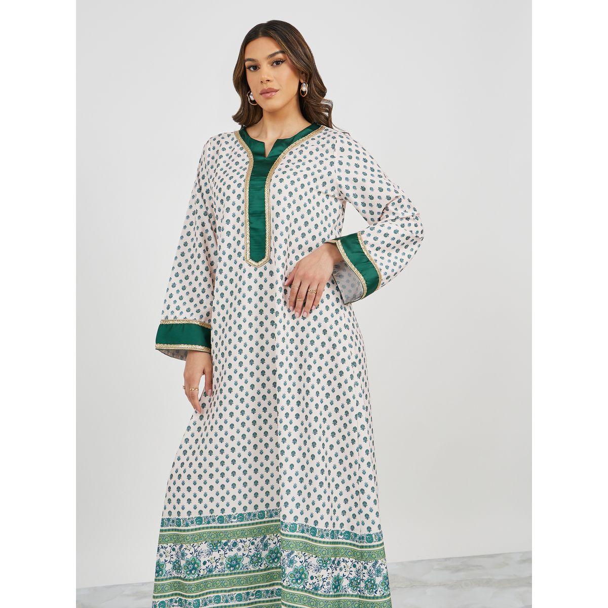 Styli All-Over Print Notch Neck Jalabiya with Lace Trim Detail-women-arabicclothing-jalabiyas-image-4