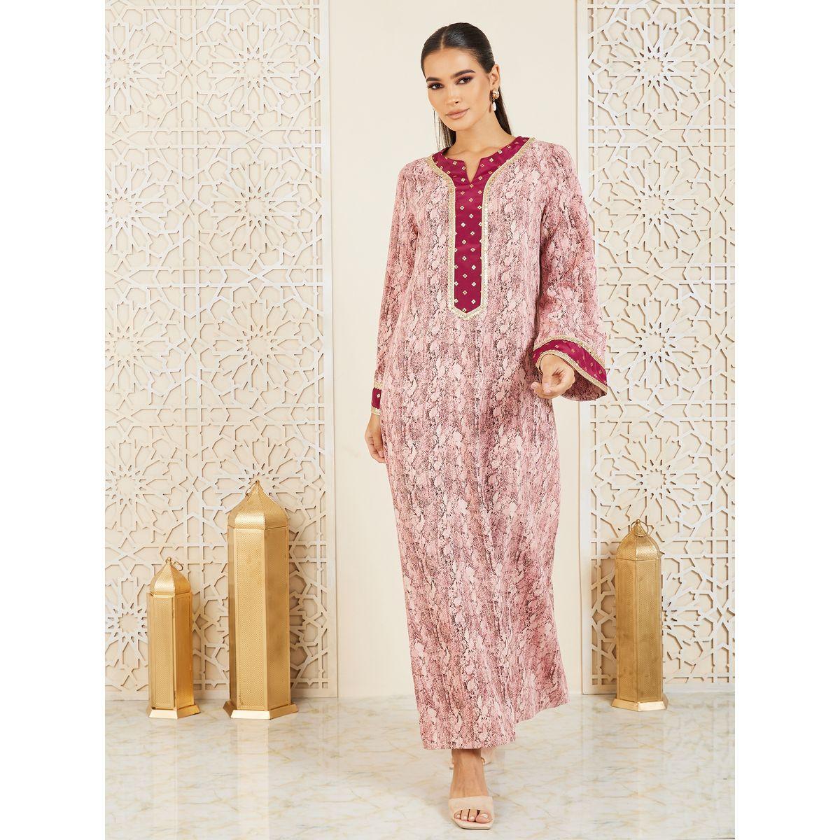 Styli Embroidered Lace Trim Animal Print Jalabiya-women-arabicclothing-jalabiyas-image-1