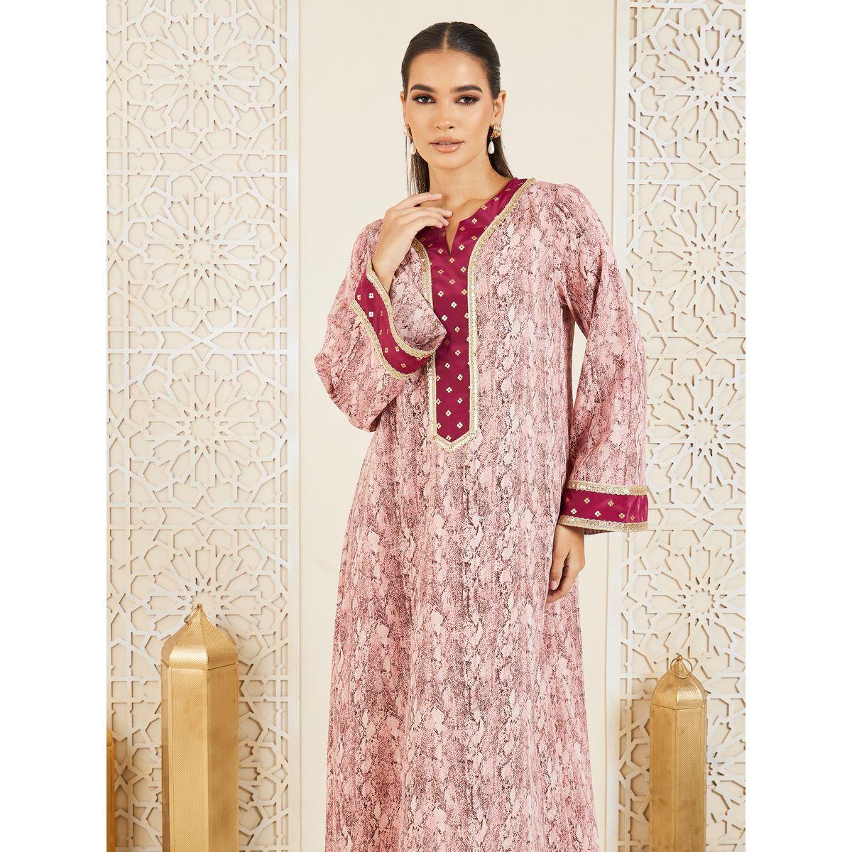 Styli Embroidered Lace Trim Animal Print Jalabiya-women-arabicclothing-jalabiyas-image-2