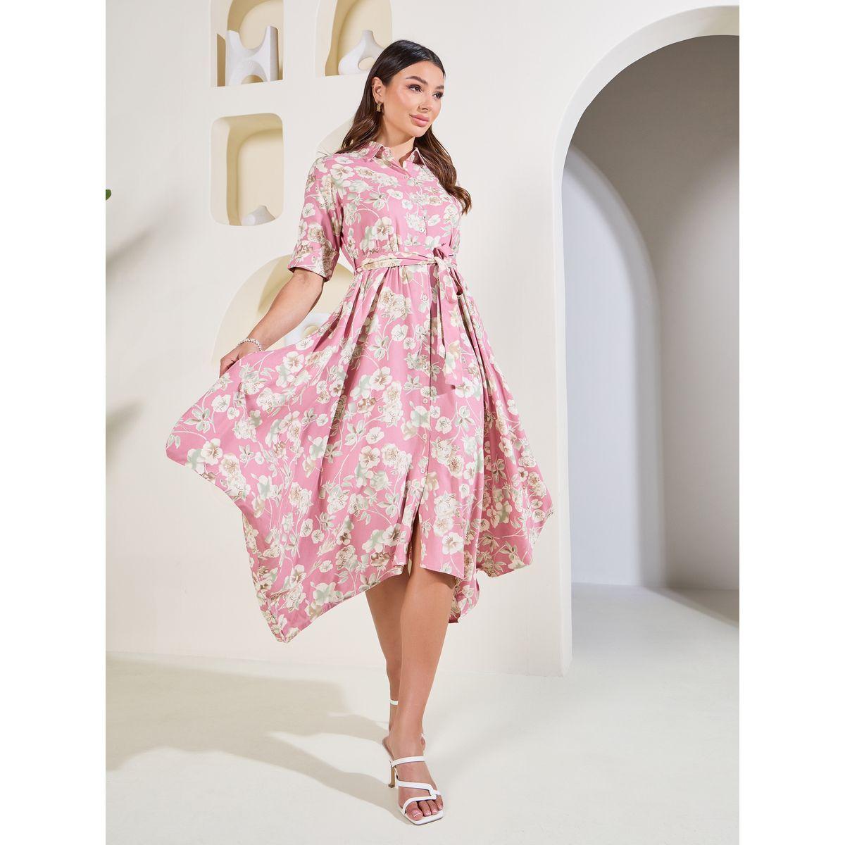 Styli Elevate Floral Print Handkerchief Hem Shirt Midi Dress with Self Tie Up-women-clothing-dresses-image-1