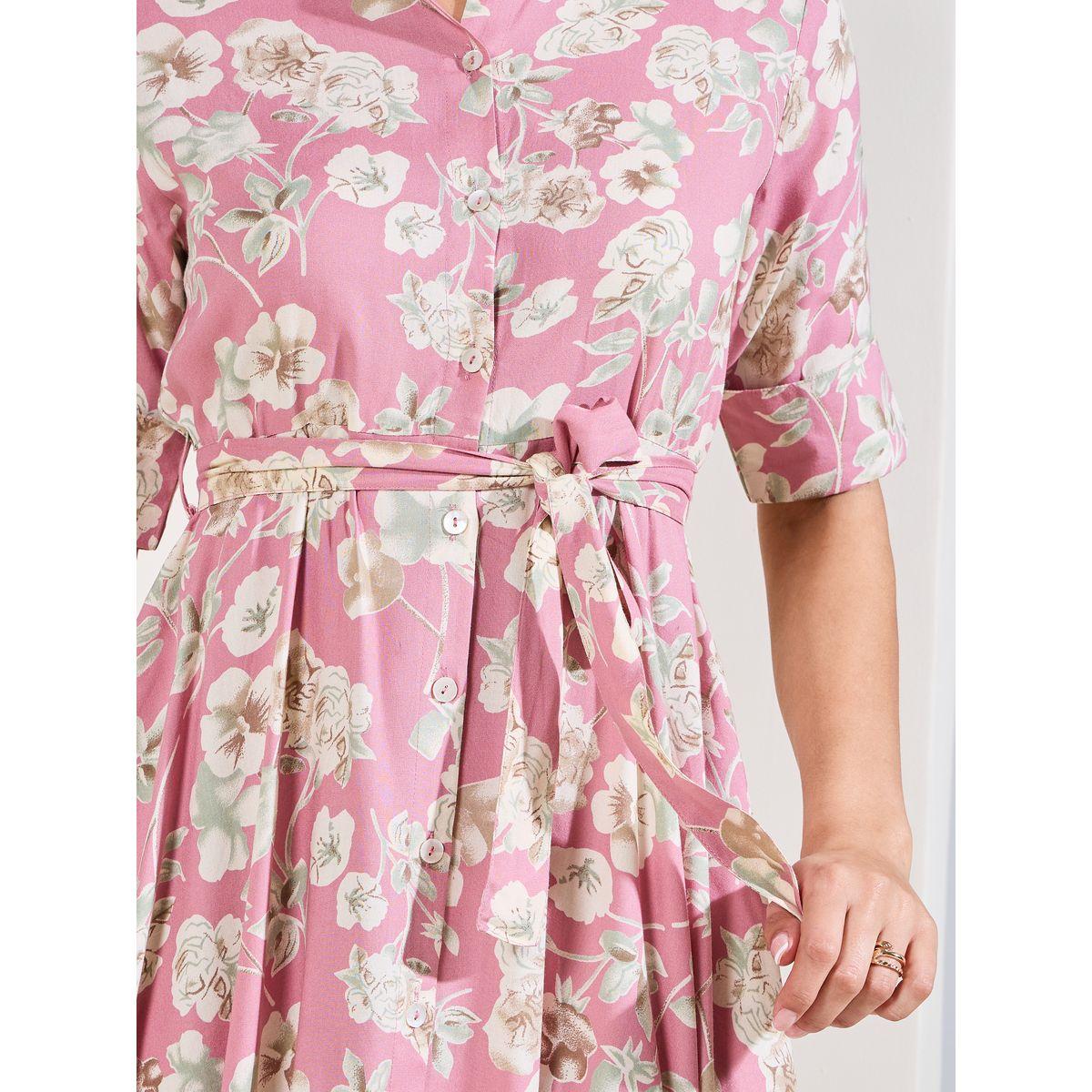 Styli Elevate Floral Print Handkerchief Hem Shirt Midi Dress with Self Tie Up-women-clothing-dresses-image-2