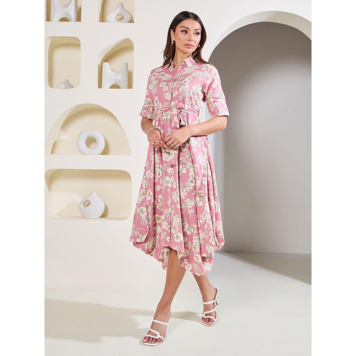 Styli Elevate Floral Print Handkerchief Hem Shirt Midi Dress with Self Tie Up-women-clothing-dresses-image-4