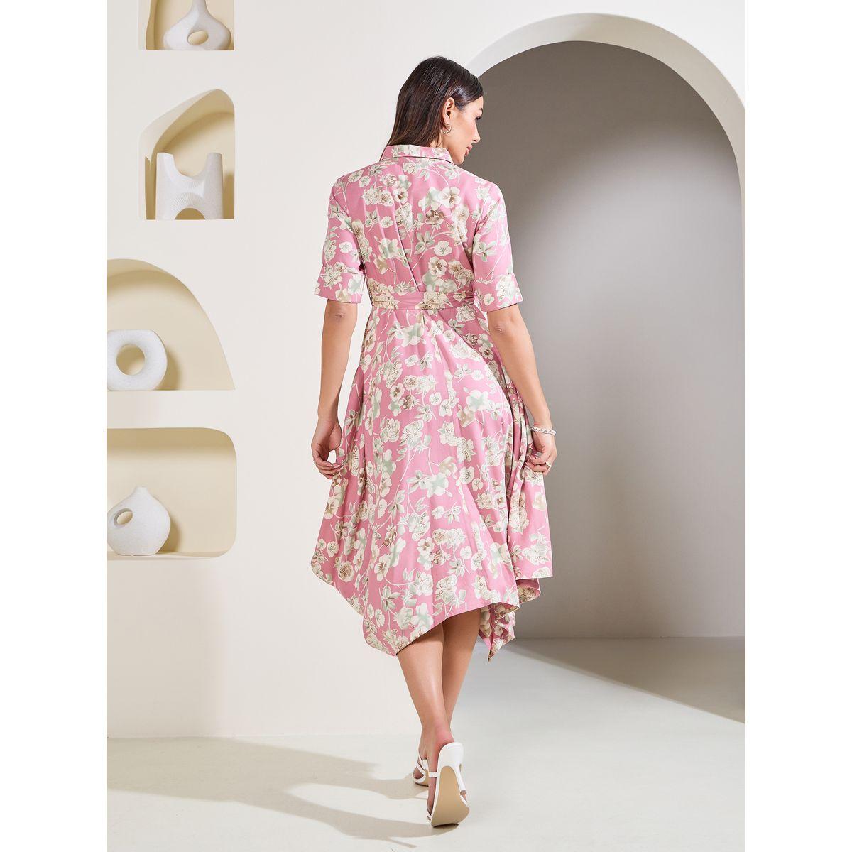 Styli Elevate Floral Print Handkerchief Hem Shirt Midi Dress with Self Tie Up-women-clothing-dresses-image-5