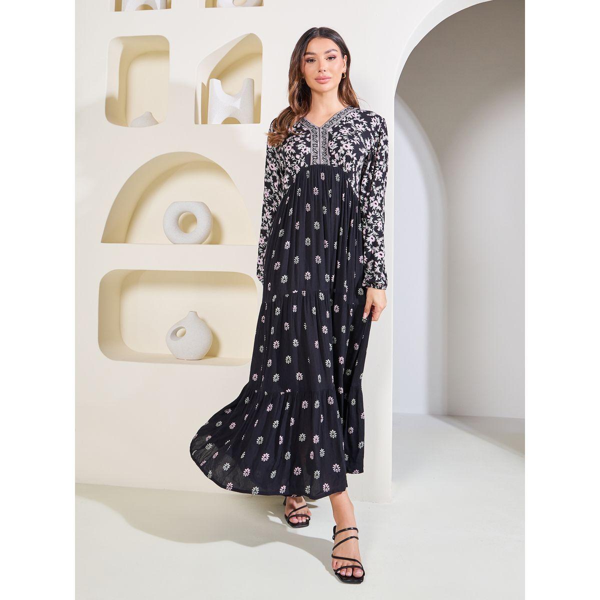 Styli Elevate Floral Print V Neck A-Line Maxi Dress-women-clothing-dresses-image-1