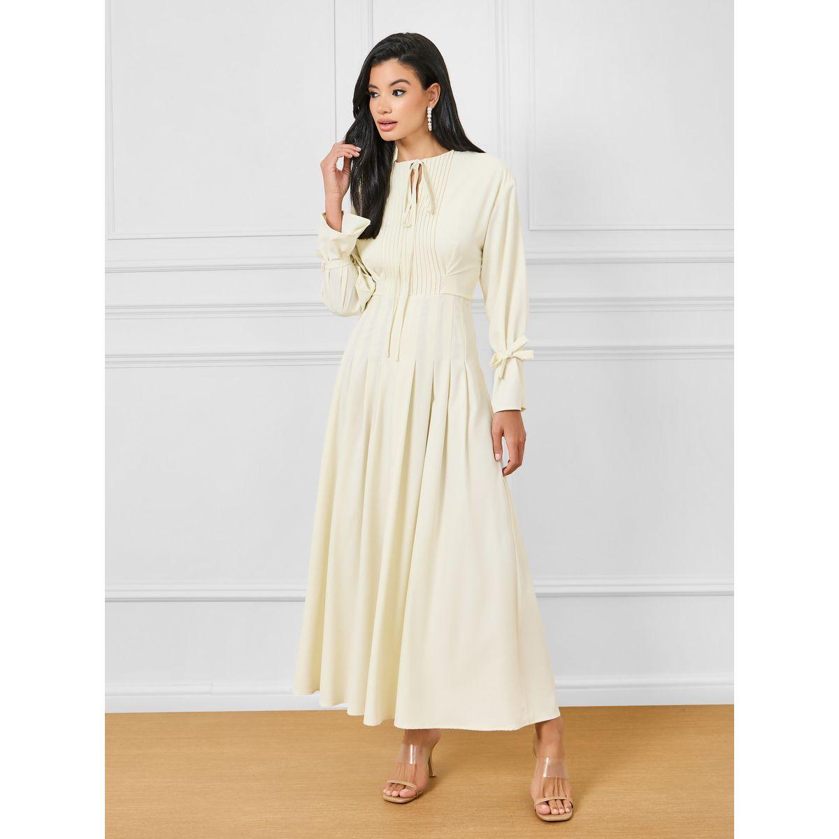 Styli Pleated Tie Up Sleeves A-Line Maxi Dress-women-clothing-dresses-image-1