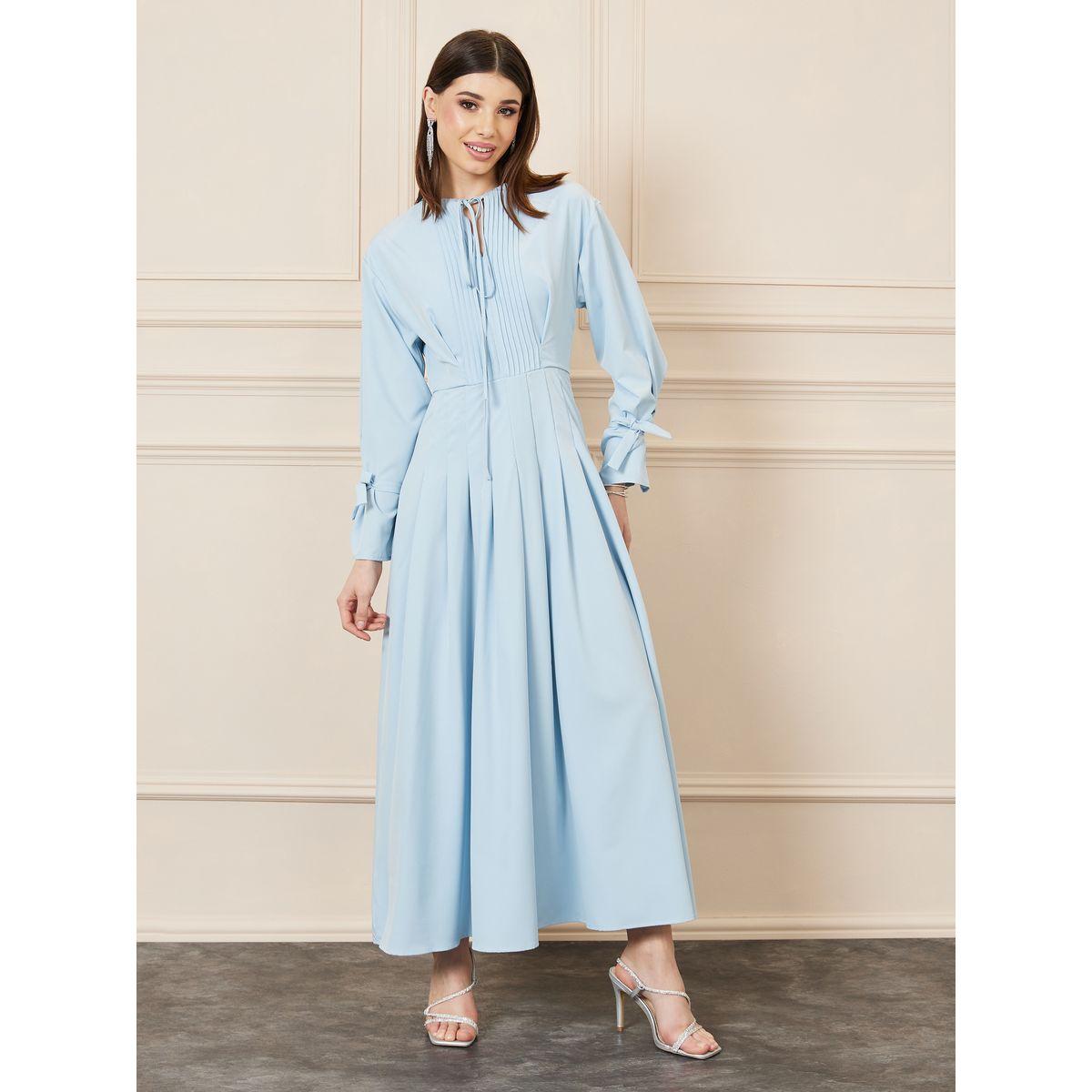 Styli Pleated Tie Up Sleeves A-Line Maxi Dress-women-clothing-dresses-image-1