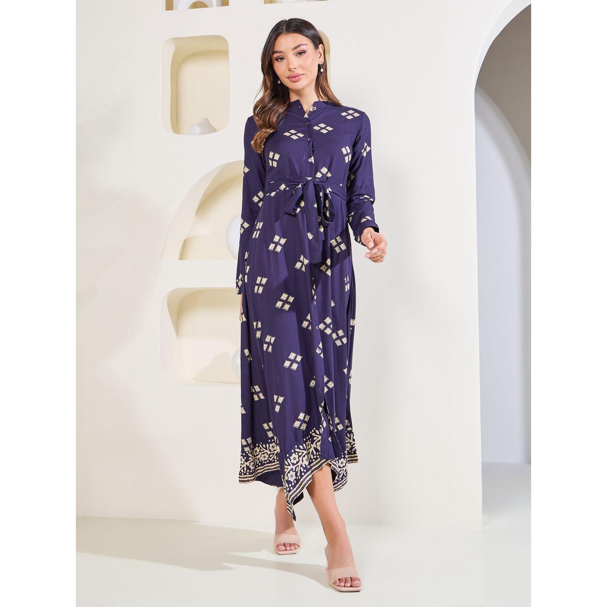 Styli Elevate Block Print Handkerchief Hem Midi Dress with Self Tie Up-women-clothing-dresses-image-1