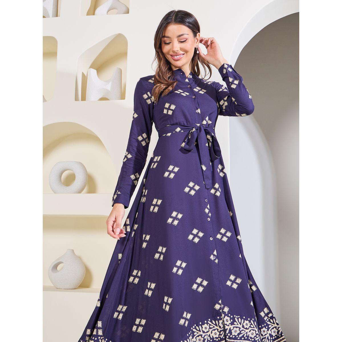 Styli Elevate Block Print Handkerchief Hem Midi Dress with Self Tie Up-women-clothing-dresses-image-2