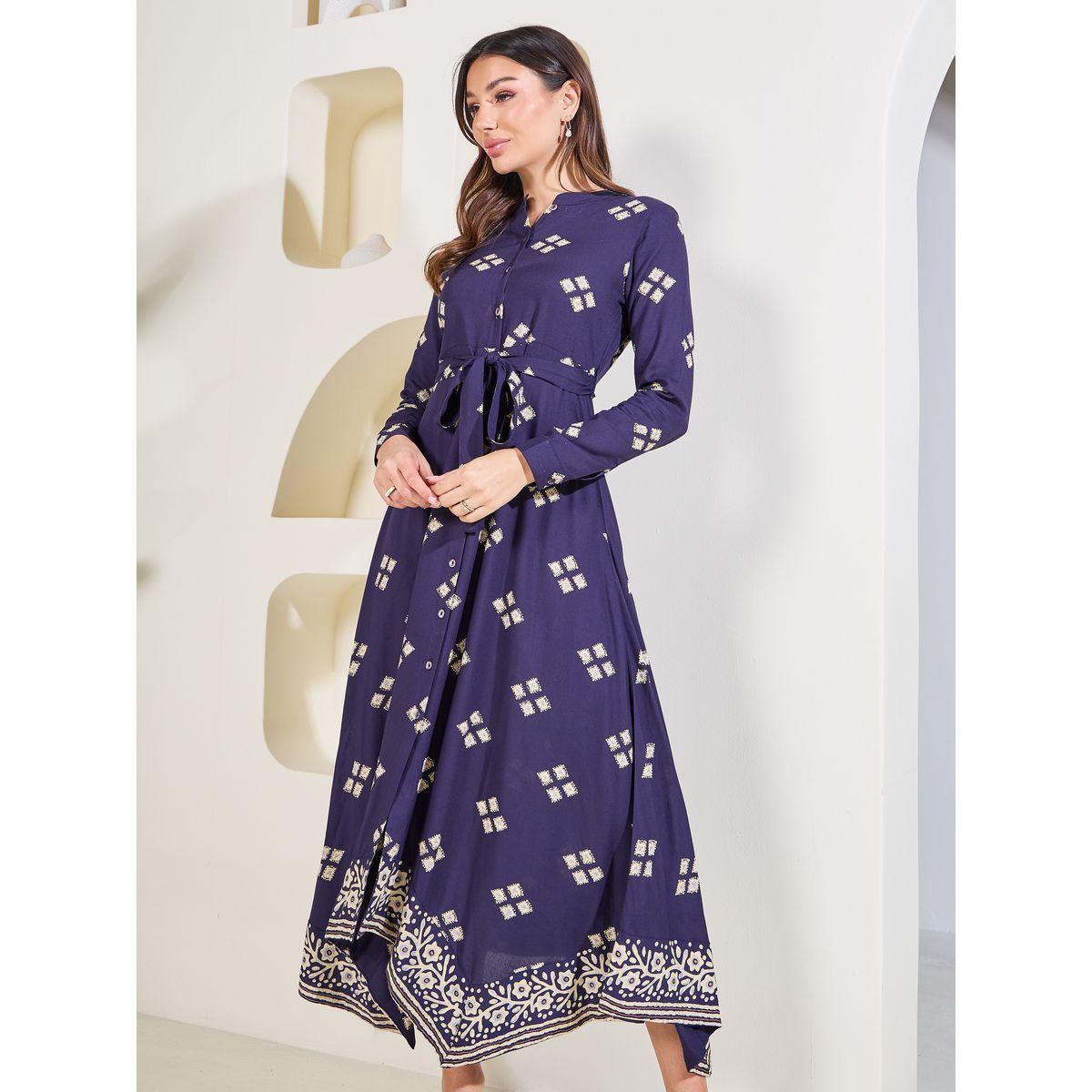 Styli Elevate Block Print Handkerchief Hem Midi Dress with Self Tie Up-women-clothing-dresses-image-3