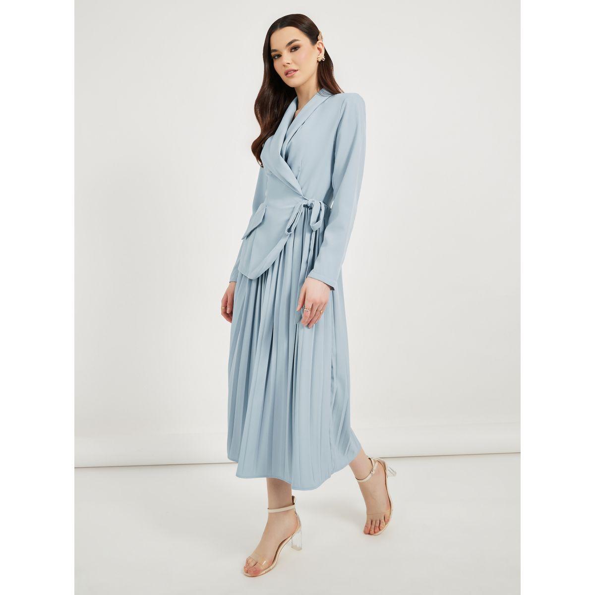 Pleated Blazer Midi Dress with Tie-Up Detail-women-clothing-dresses-image-2