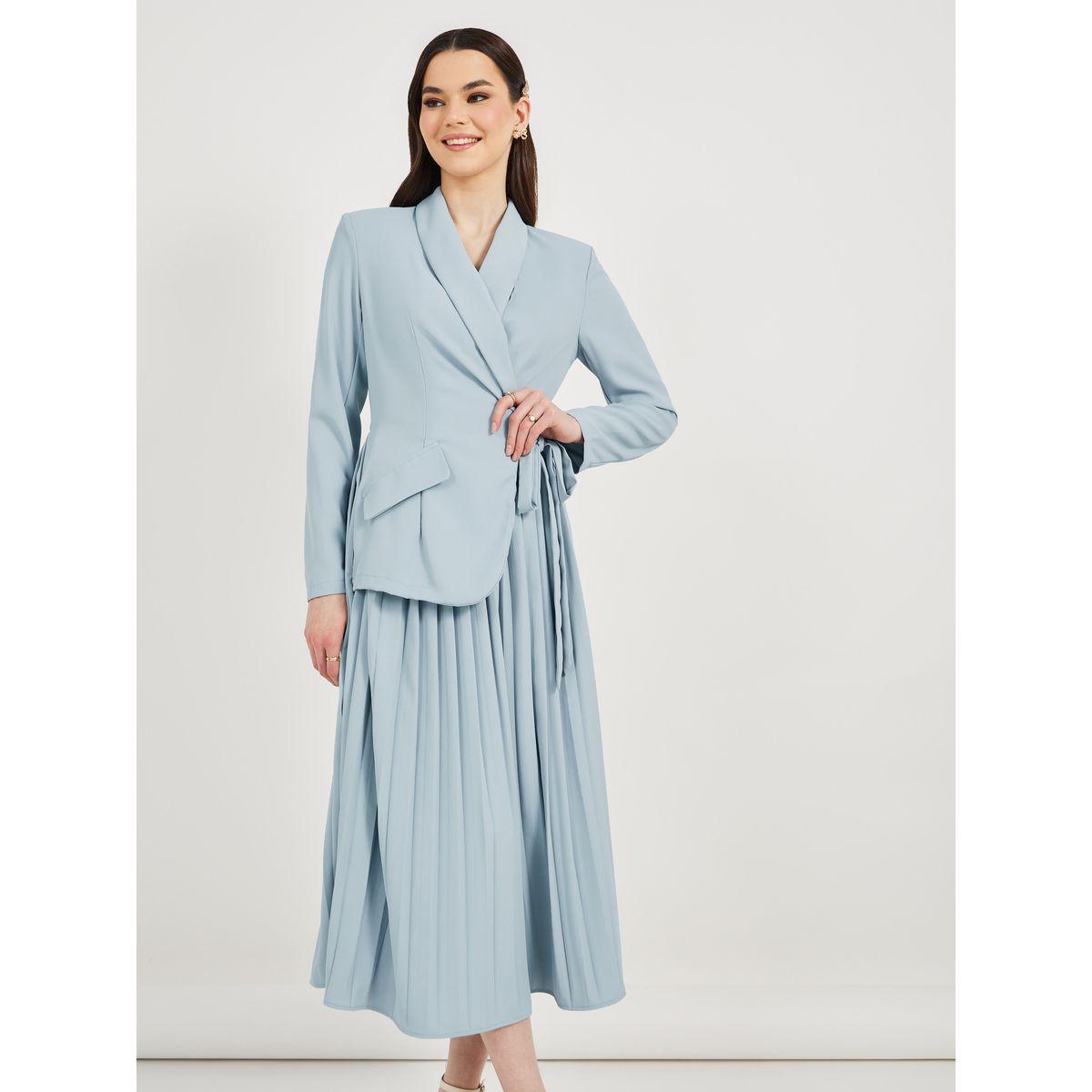 Pleated Blazer Midi Dress with Tie-Up Detail-women-clothing-dresses-image-3