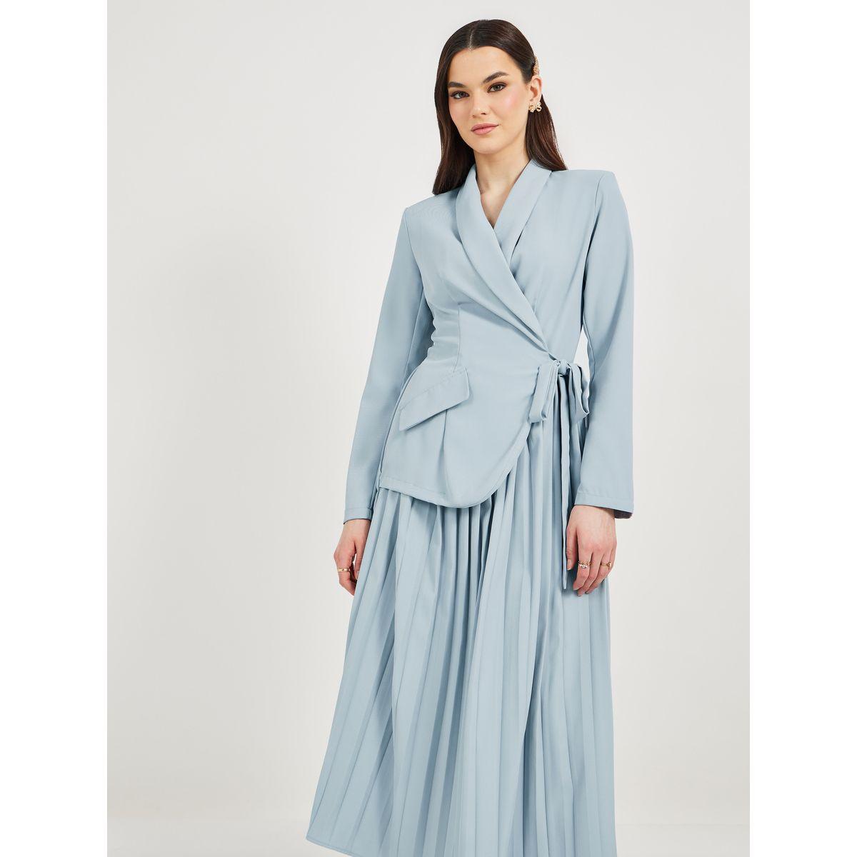 Pleated Blazer Midi Dress with Tie-Up Detail-women-clothing-dresses-image-4