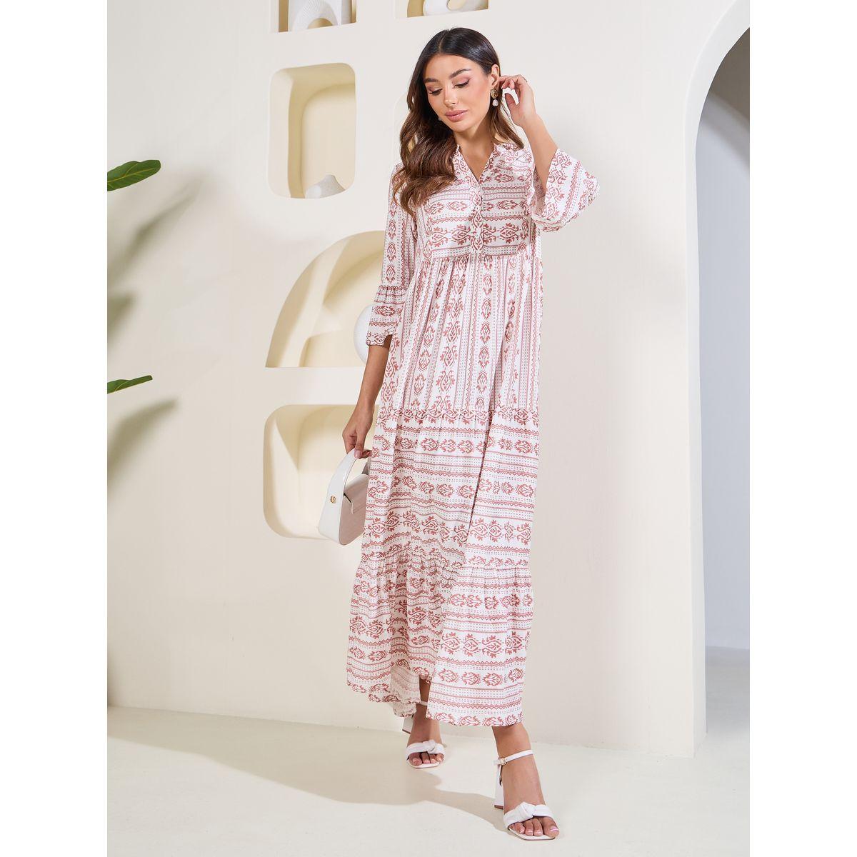 Styli Elevate Ikat Damsk Print Mandarin Collar Tiered Maxi Dress-women-clothing-dresses-image-1