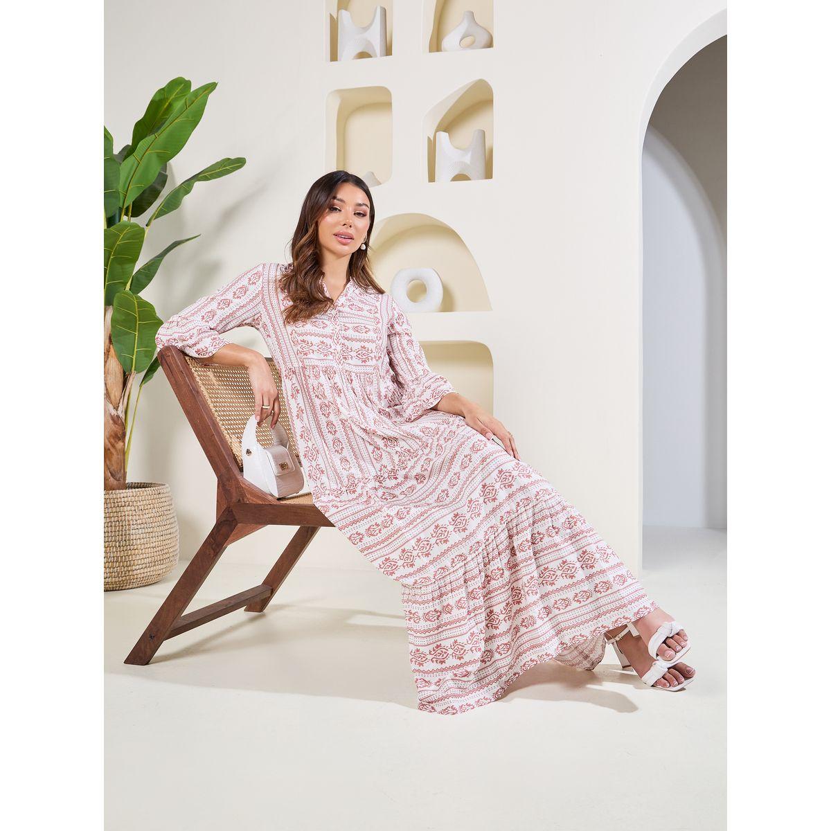 Styli Elevate Ikat Damsk Print Mandarin Collar Tiered Maxi Dress-women-clothing-dresses-image-2