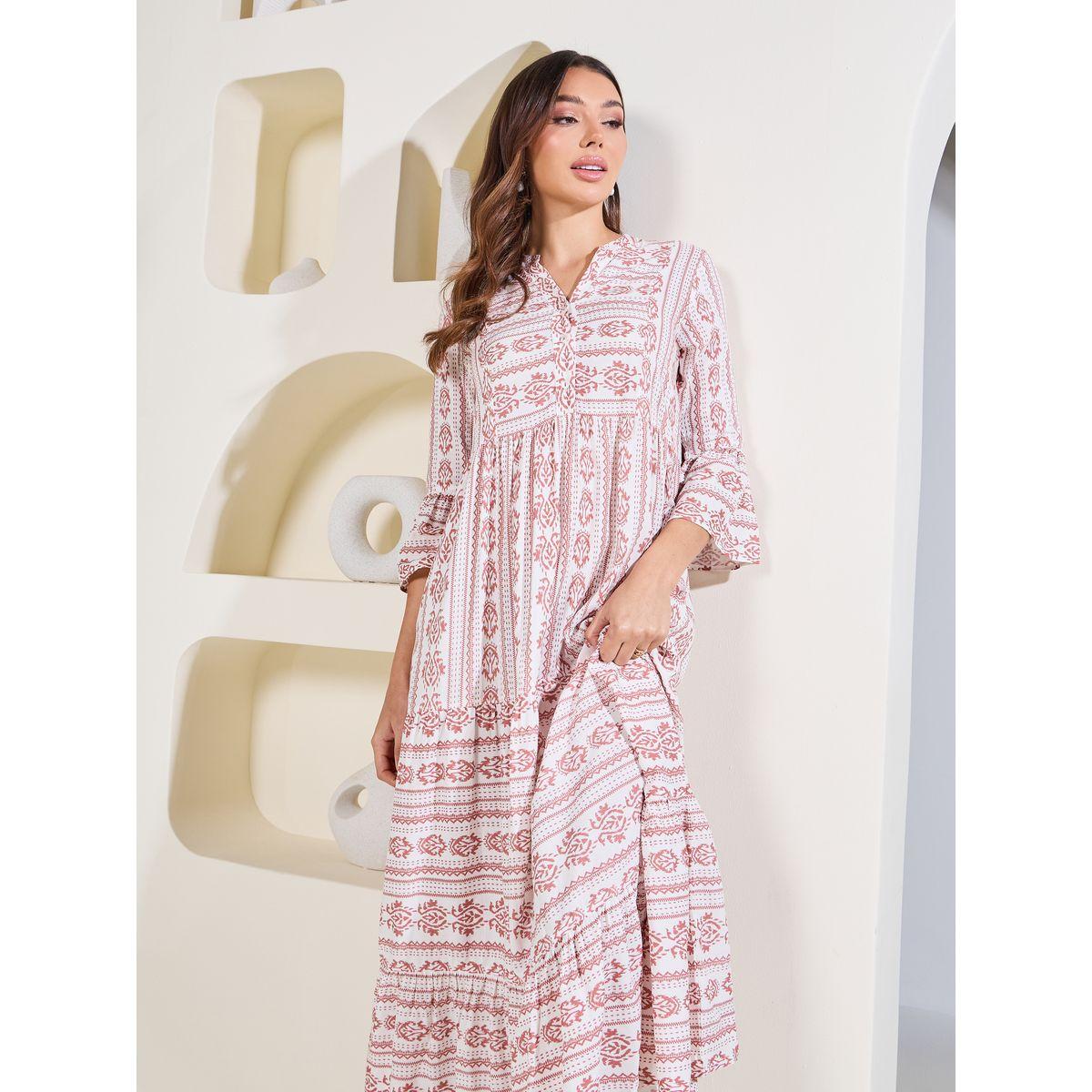 Styli Elevate Ikat Damsk Print Mandarin Collar Tiered Maxi Dress-women-clothing-dresses-image-3