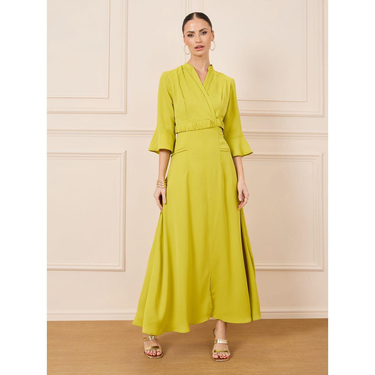 فستان طويل سادة مع ياقة بصدر مزدوج-women-clothing-dresses-image-1