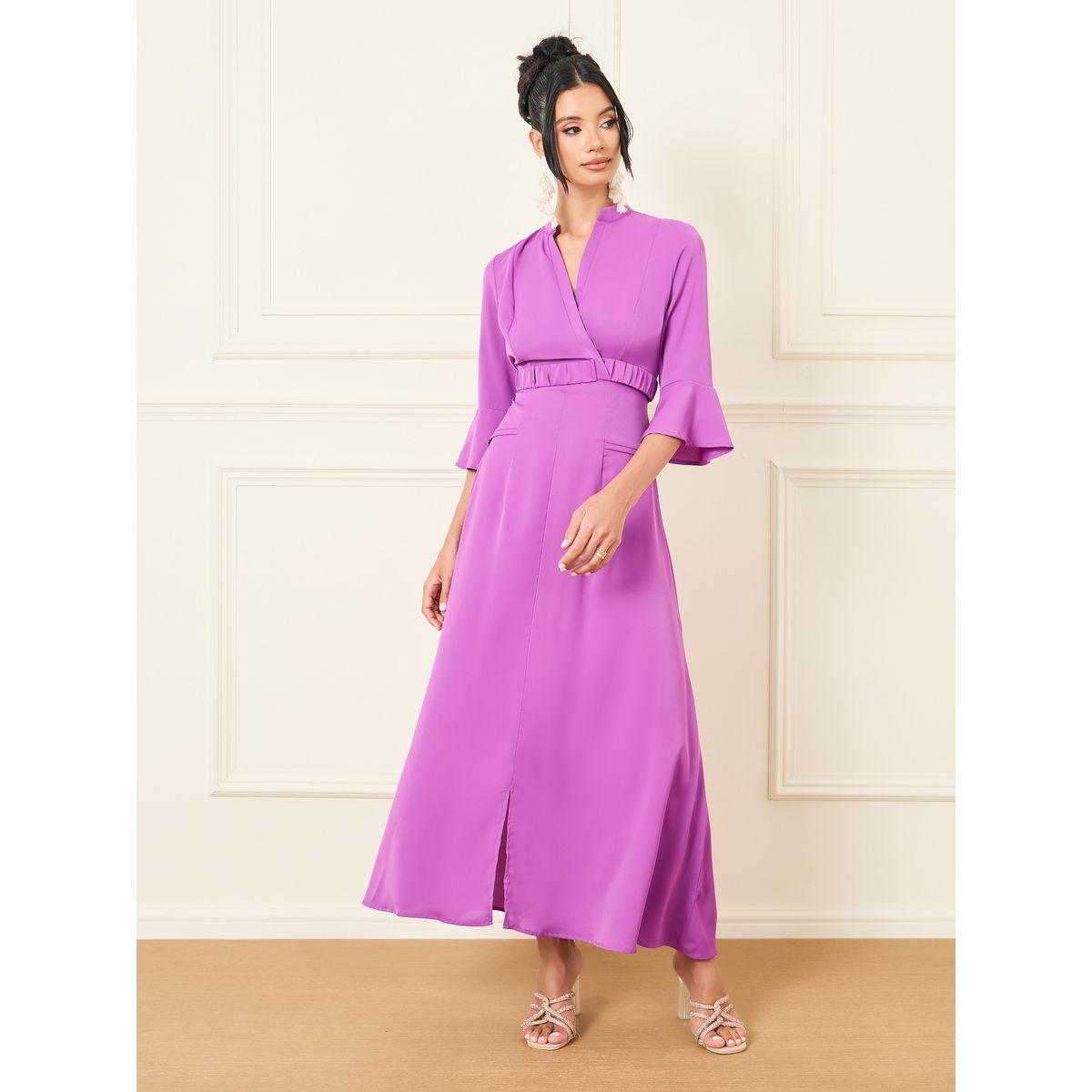 Styli Solid Notch Neck A-Line Maxi Dress-women-clothing-dresses-image-1