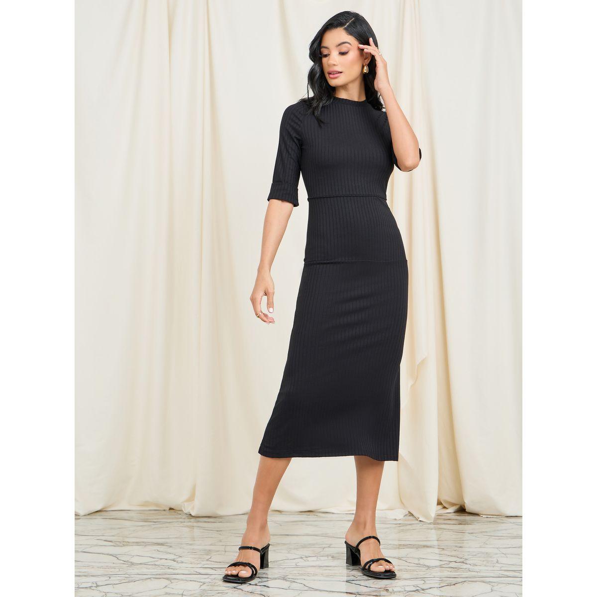 Styli Ribbed Roll Up Sleeves Shift Midi Dress-women-clothing-dresses-image-1