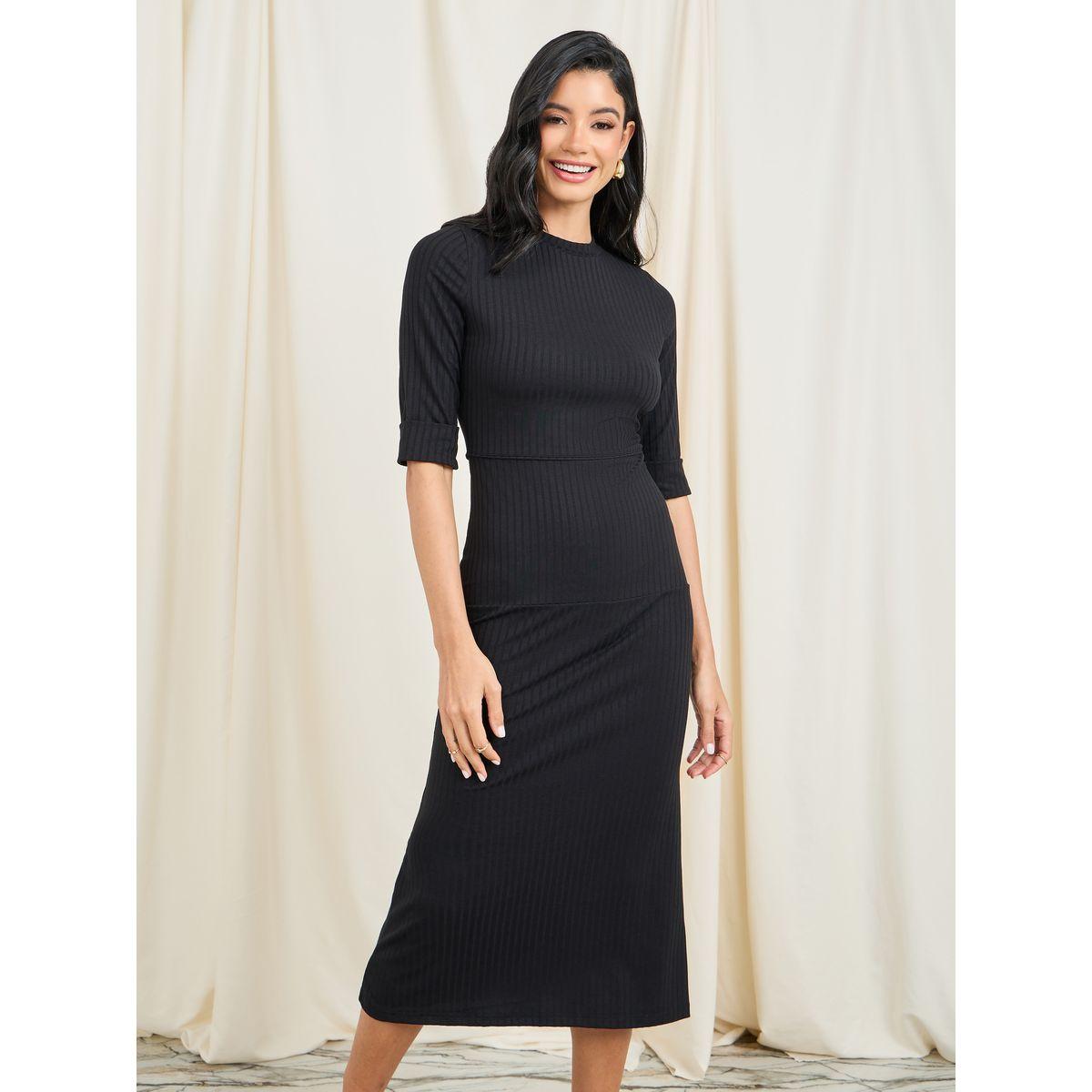 Styli Ribbed Roll Up Sleeves Shift Midi Dress-women-clothing-dresses-image-2