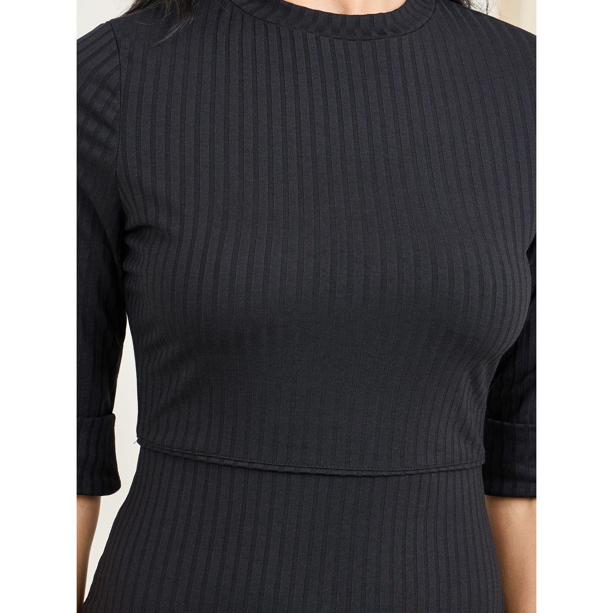 Styli Ribbed Roll Up Sleeves Shift Midi Dress-women-clothing-dresses-image-3