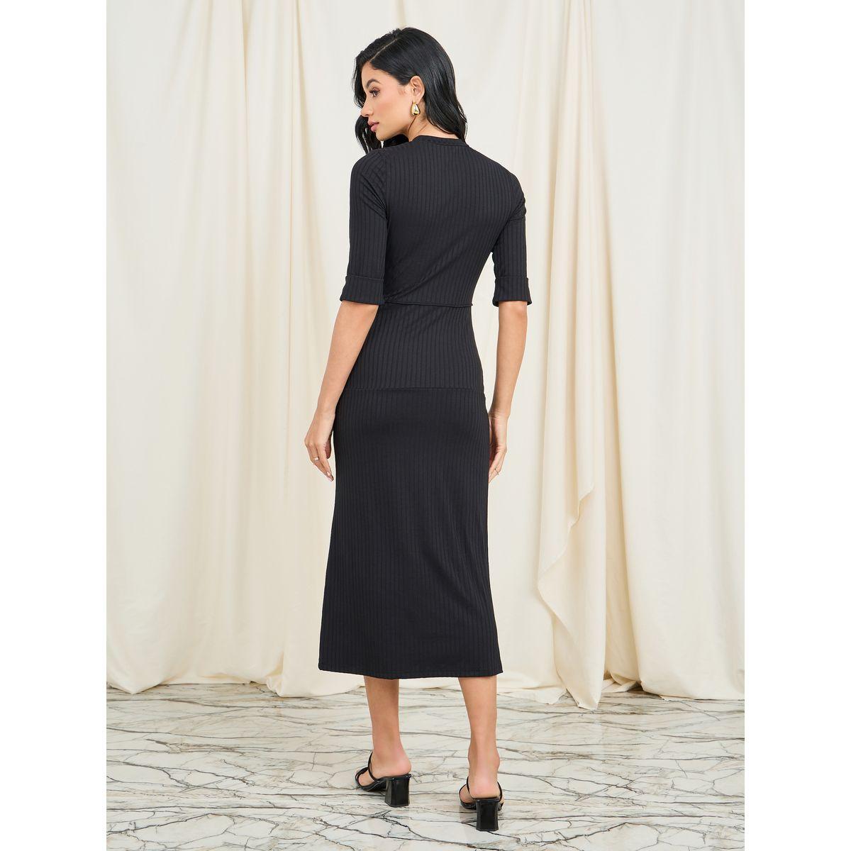 Styli Ribbed Roll Up Sleeves Shift Midi Dress-women-clothing-dresses-image-4