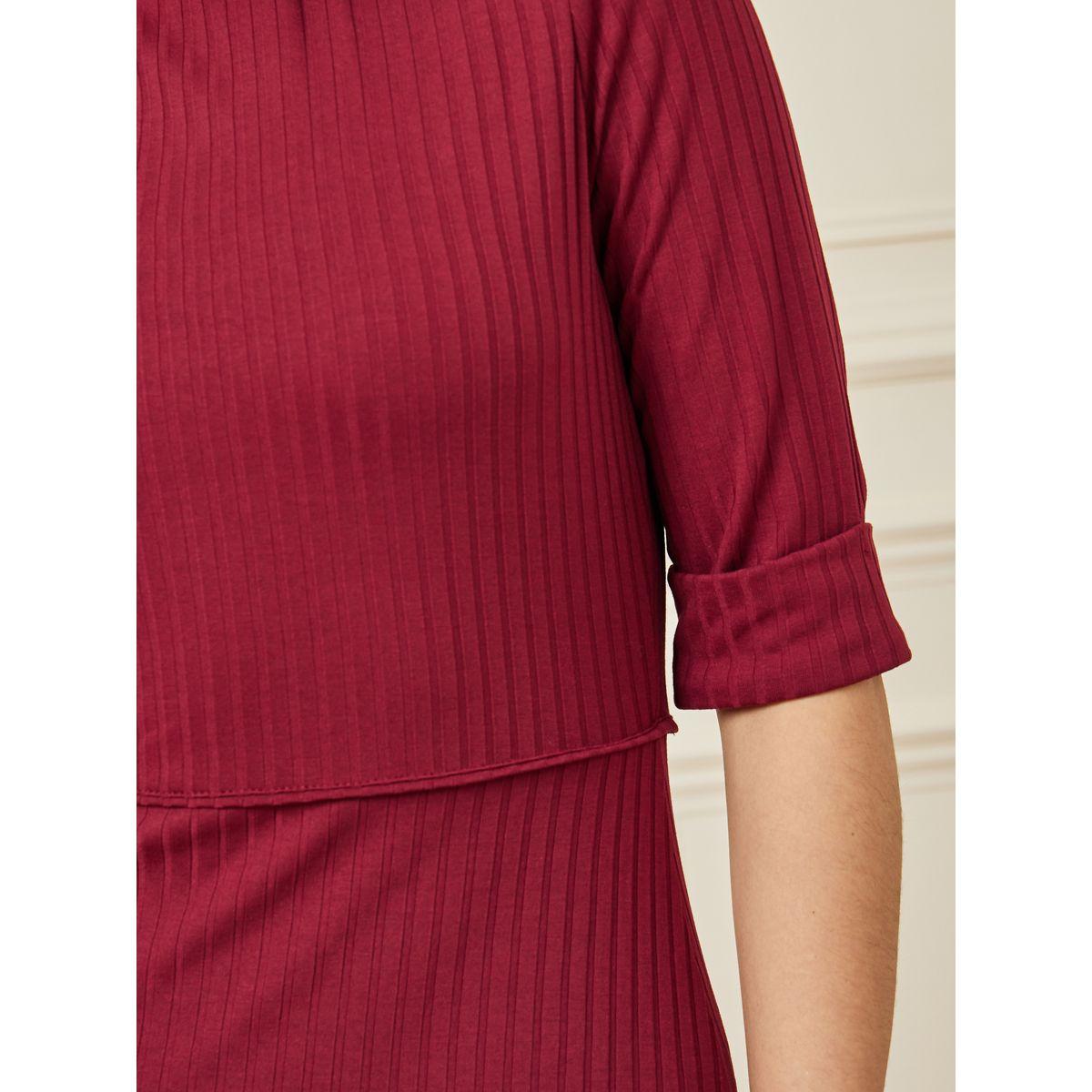 Styli Ribbed Roll Up Sleeves Shift Midi Dress-women-clothing-dresses-image-3