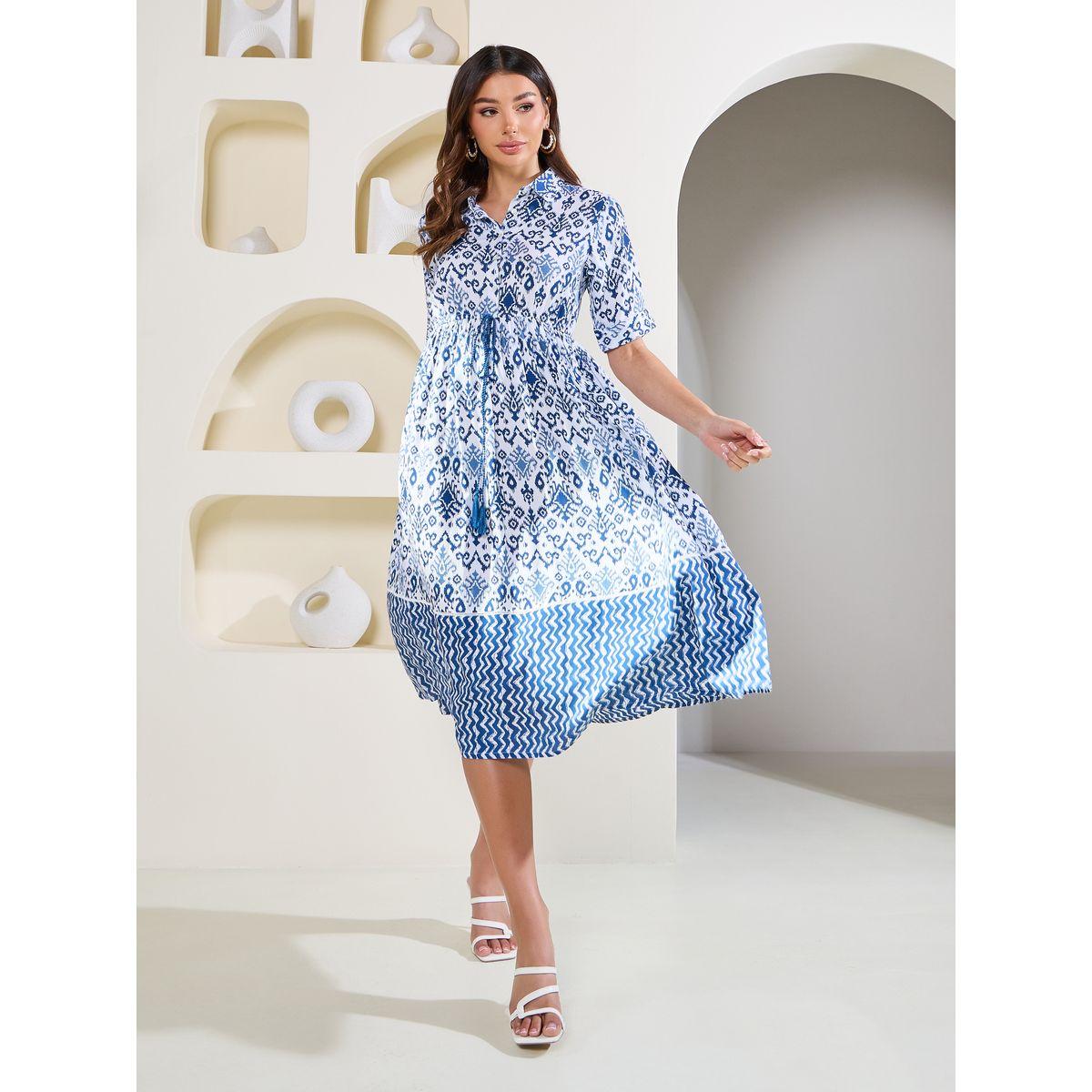 Styli Elevate Ikat Print Collared Waist Tie Up Midi Dress-women-clothing-dresses-image-1