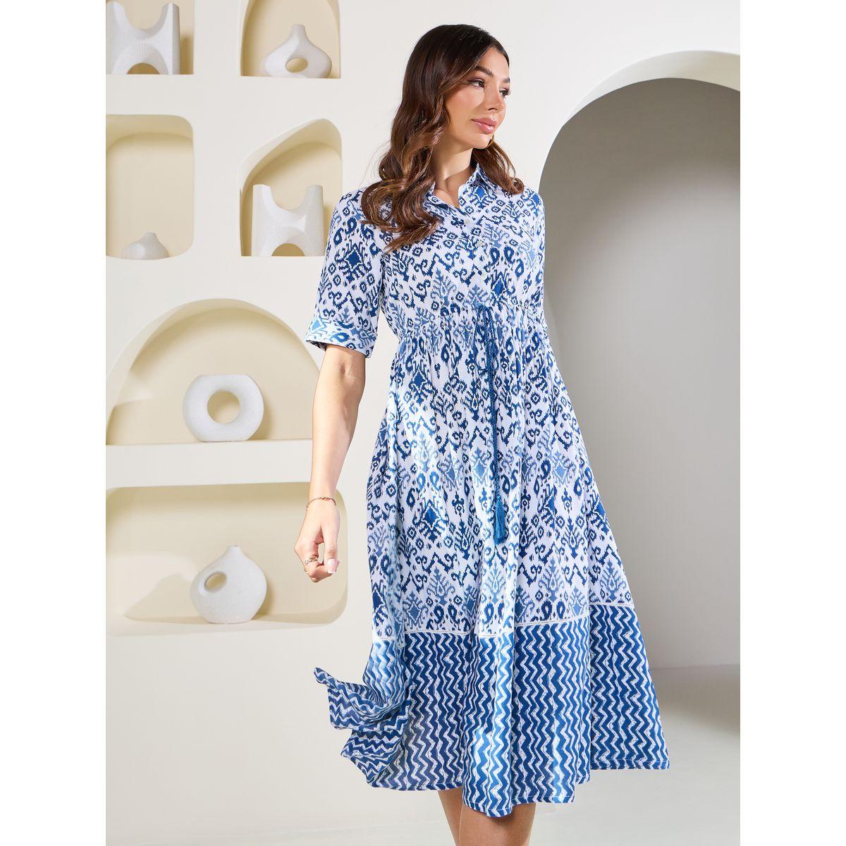 Styli Elevate Ikat Print Collared Waist Tie Up Midi Dress-women-clothing-dresses-image-2