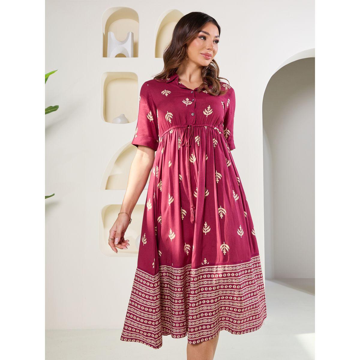 Styli Elevate Leaf Damsk Print Collared Waist Tie Up Midi Dress-women-clothing-dresses-image-1