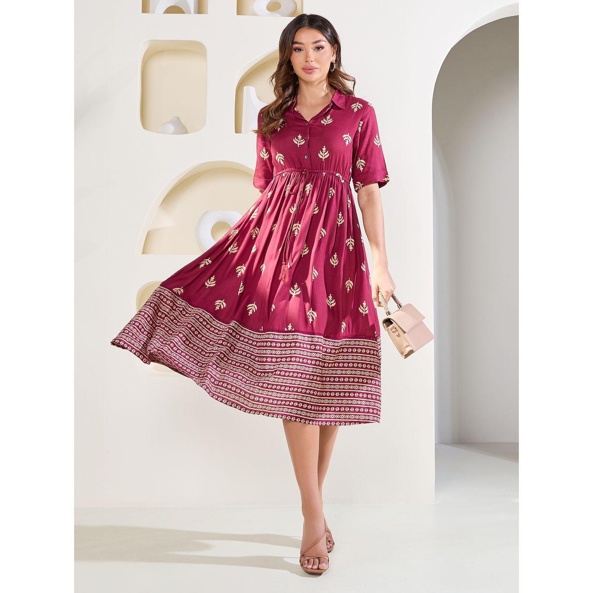 Styli Elevate Leaf Damsk Print Collared Waist Tie Up Midi Dress-women-clothing-dresses-image-2