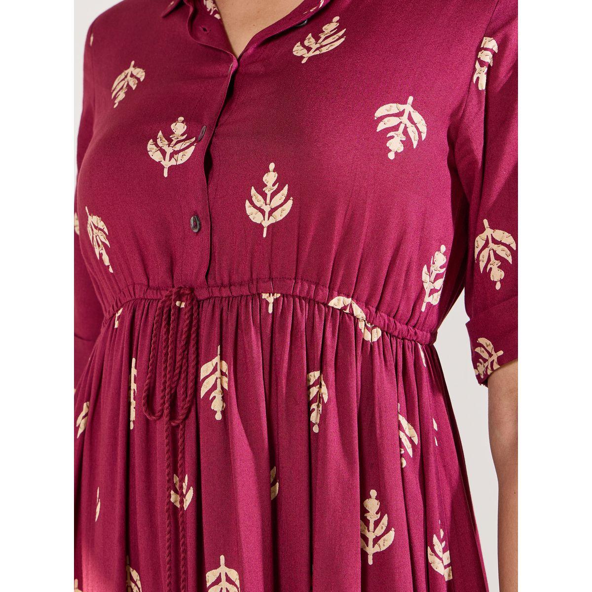 Styli Elevate Leaf Damsk Print Collared Waist Tie Up Midi Dress-women-clothing-dresses-image-3