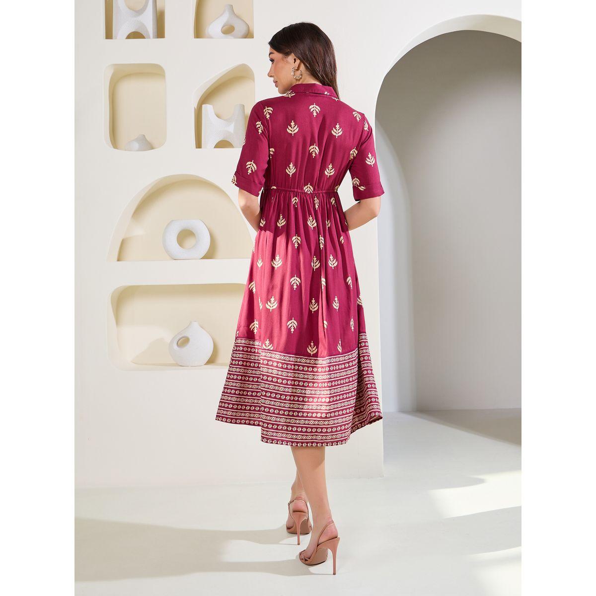 Styli Elevate Leaf Damsk Print Collared Waist Tie Up Midi Dress-women-clothing-dresses-image-4