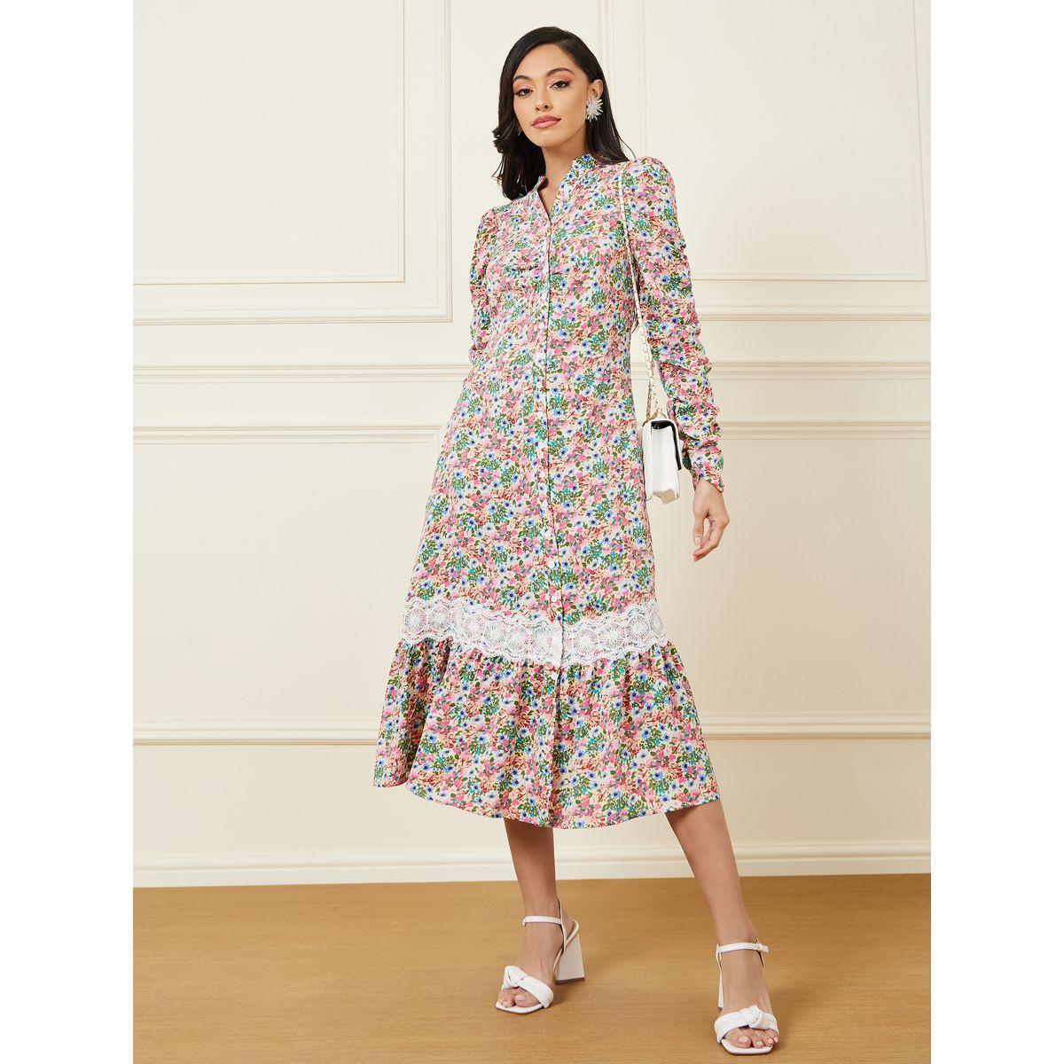 Styli Lace Insert Floral Print A-Line Midi Dress-women-clothing-dresses-image-1