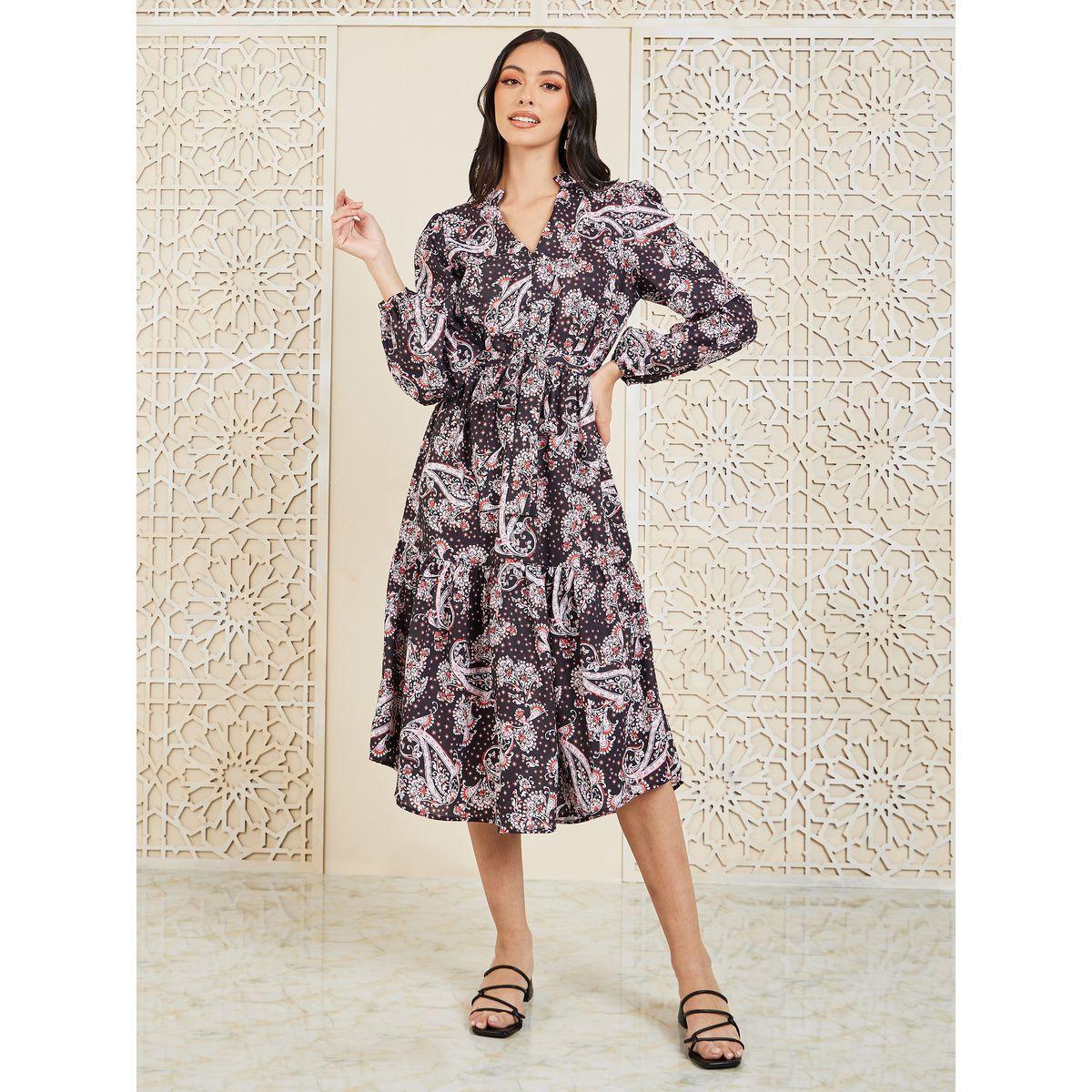 فستان ميدي بكسرات وطبعة بيزلي مع أربطة-women-clothing-dresses-image-2
