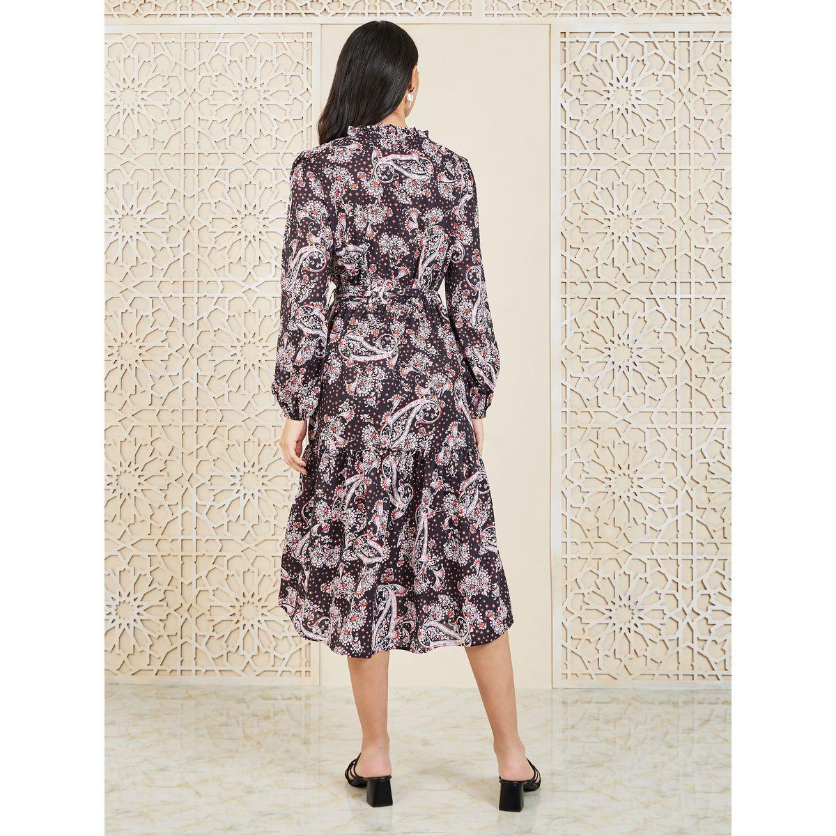 Styli Paisley Print Notch Neck Tiered Midi Dress with Self Tie Up-women-clothing-dresses-image-4