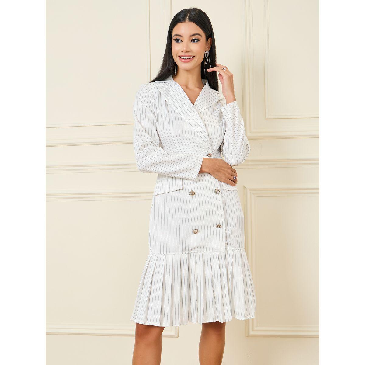Styli Striped Pleated Hem Double Breasted Blazer Knee Length Dress-women-clothing-dresses-image-2