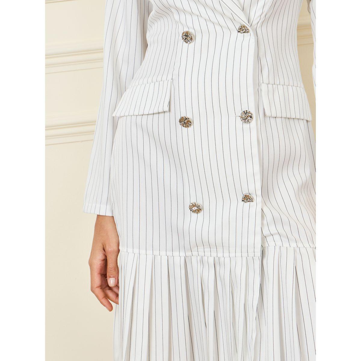 Styli Striped Pleated Hem Double Breasted Blazer Knee Length Dress-women-clothing-dresses-image-3