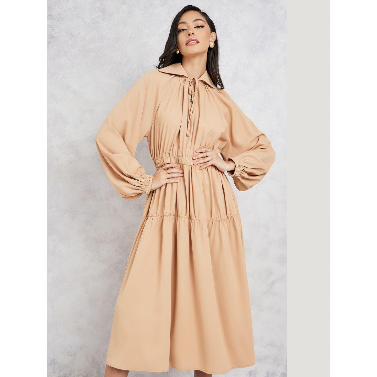 Styli Tiered Tie Up Collar Midi Dress with Balloon Sleeves-women-clothing-dresses-image-1