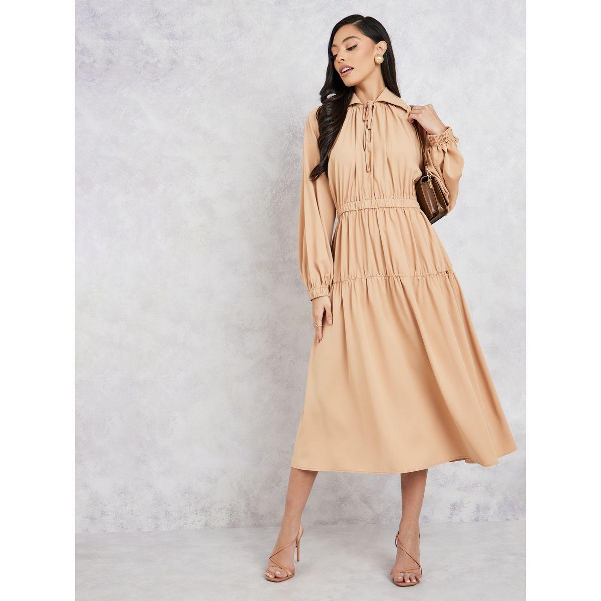 Styli Tiered Tie Up Collar Midi Dress with Balloon Sleeves-women-clothing-dresses-image-2