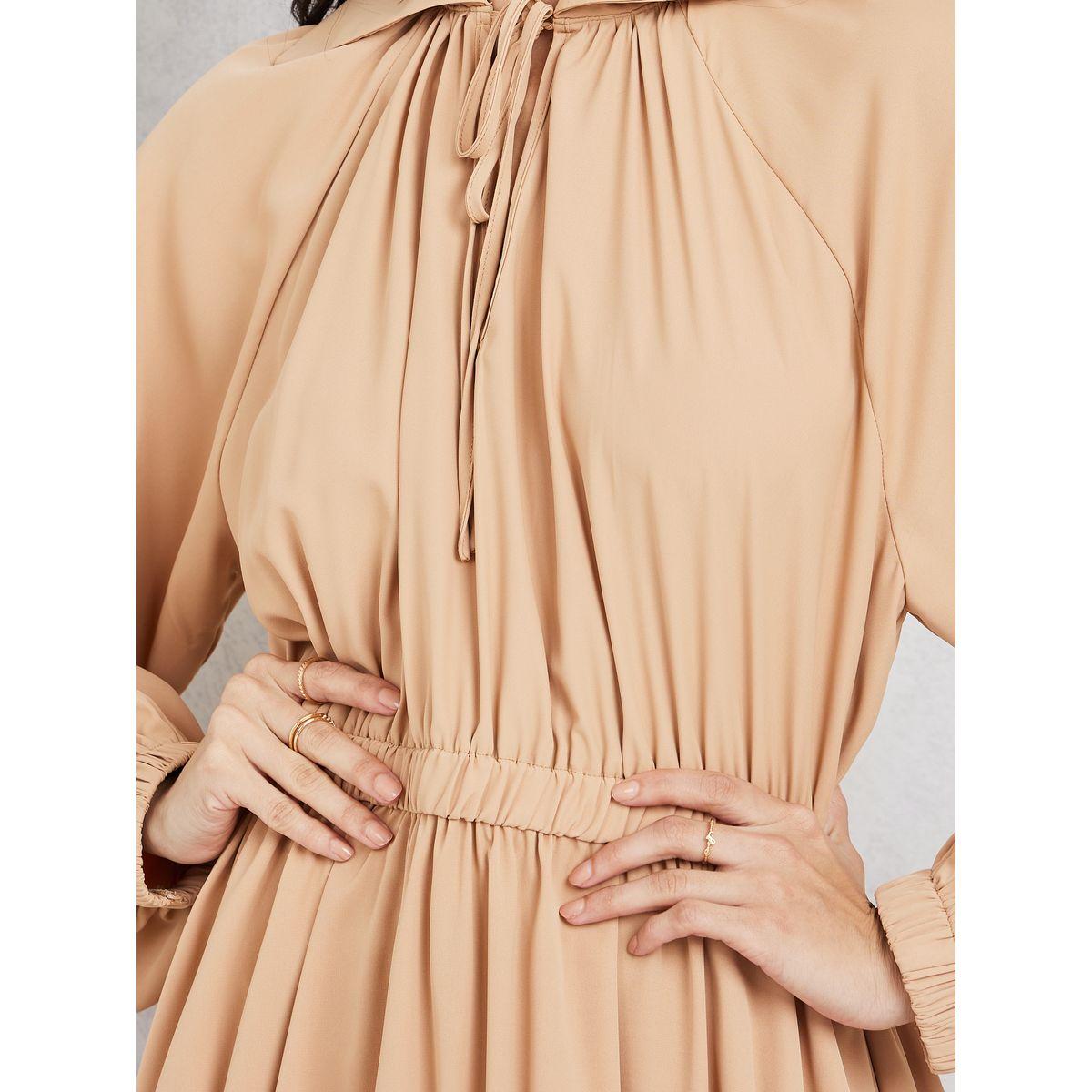Styli Tiered Tie Up Collar Midi Dress with Balloon Sleeves-women-clothing-dresses-image-3