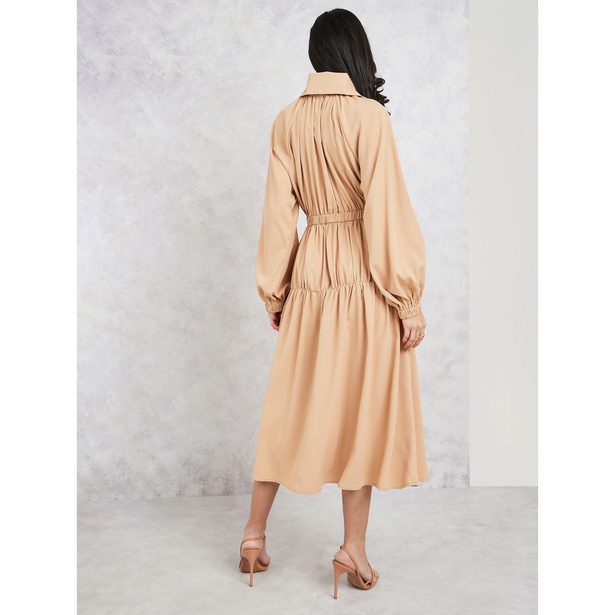 Styli Tiered Tie Up Collar Midi Dress with Balloon Sleeves-women-clothing-dresses-image-4