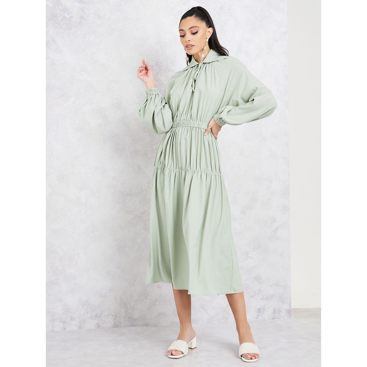 فستان ميدي بكسرات واكمام بالون-women-clothing-dresses-image-1