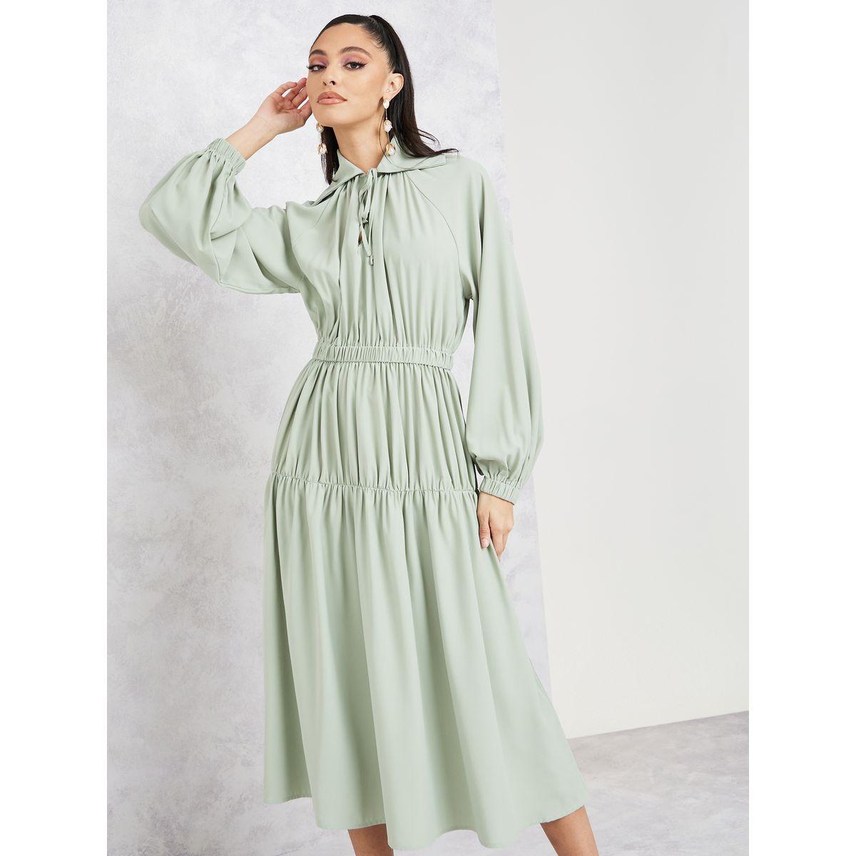 فستان ميدي بكسرات واكمام بالون-women-clothing-dresses-image-2