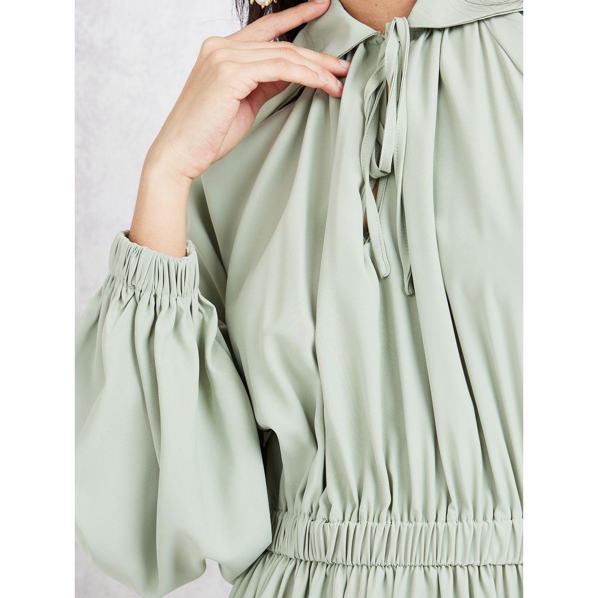 فستان ميدي بكسرات واكمام بالون-women-clothing-dresses-image-3