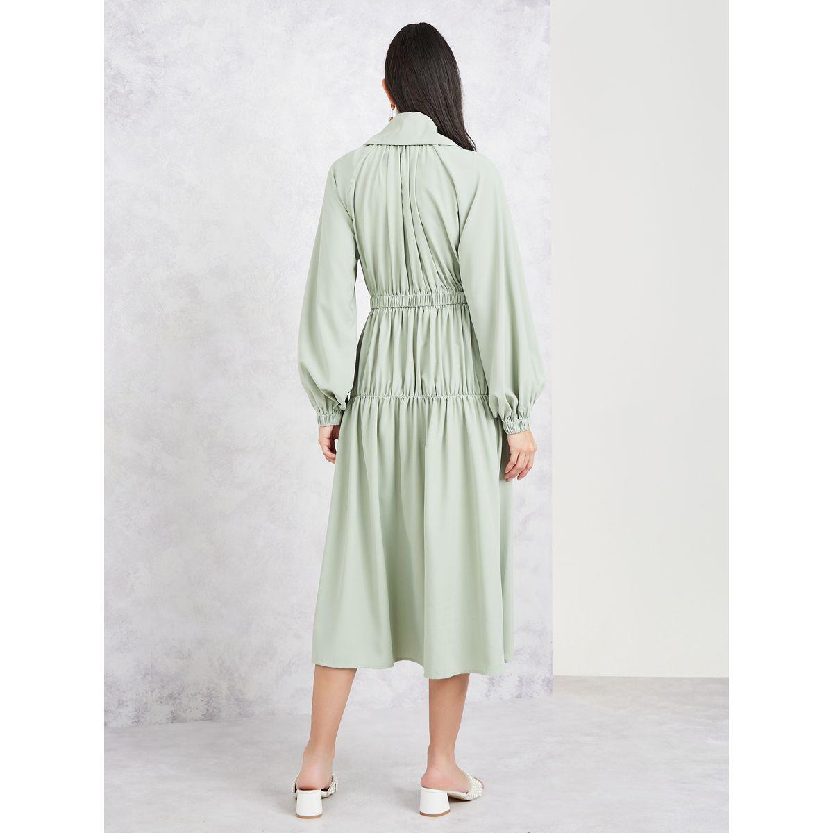 فستان ميدي بكسرات واكمام بالون-women-clothing-dresses-image-4