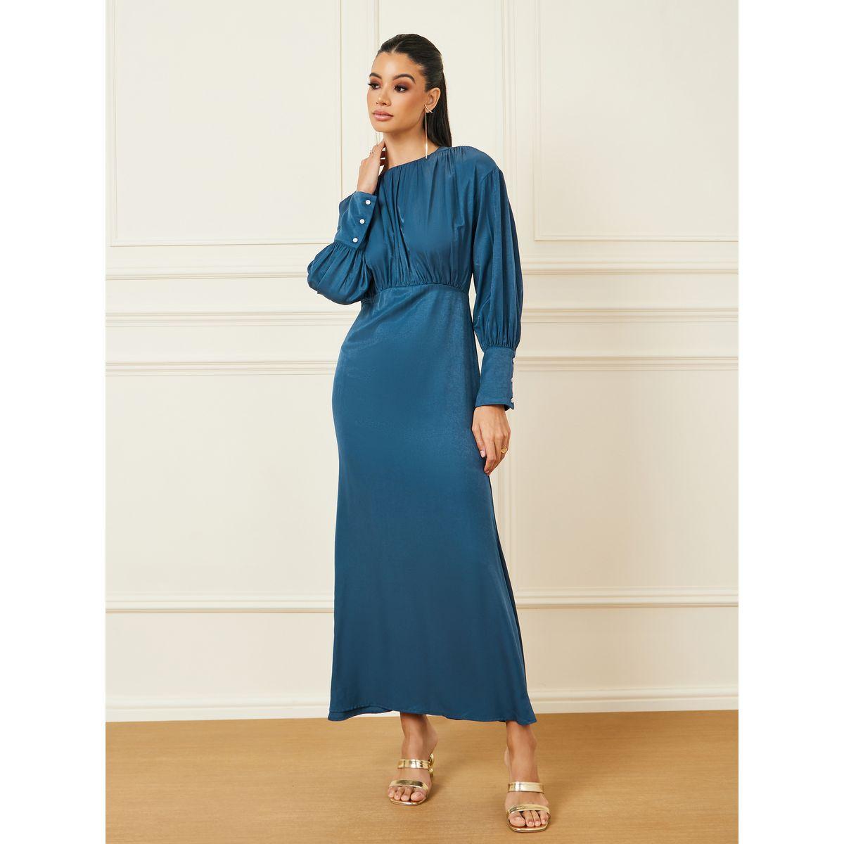Styli Gathered Detail Cuff Sleeves A-Line Maxi Dress-women-clothing-dresses-image-1